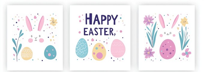 Fototapeta premium Modern illustrations of bunnies, spring flowers, and Easter eggs are commonly used on greeting cards, posters, or egg hunt templates to convey Happy Easter wishes on a spring background