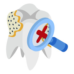 analyzing damaged teeth isometric concept, Magnifying glass with Cross Sign and Bad tooth vector icon design, Dentures symbol,Oral Healthcare sign, Dental instrument illustration
