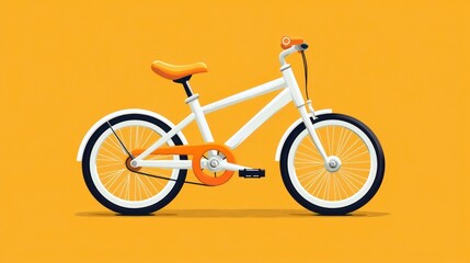 Fototapeta premium White, orange bicycle on yellow background. Childrens bike. Stylish design. Simple transportation illustration. Youth transport concept. Sporty kids bike. Great for kids cycling. Modern kids bike