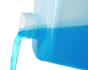 Bright blue liquid coolant flows from a container, showcasing the vibrant color and clarity on a transparent background.