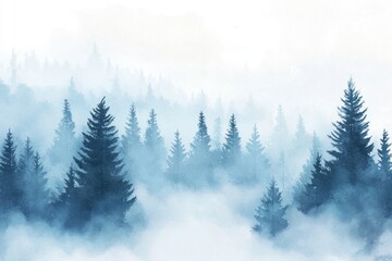 Fototapeta premium Misty forest of blue evergreen trees in a watercolor painting