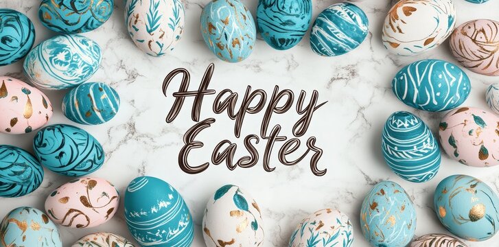 This happy Easter template boasts a modern illustration of blue and white rustic floral eggs on a dotted background, ideal for designing invitations, cards, menus, flyers, banners, posters, and