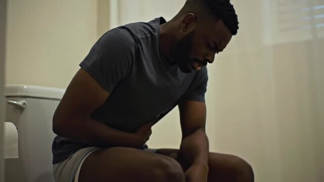 Young african man in underwear with intense stomach ache sitting on toilet in bathroom with toilet paper roll on the floor, holding his belly with both hands. Abdominal pain, constipation or diarrhea