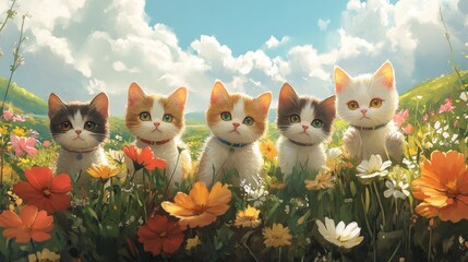 Fototapeta premium Playful Kittens Surrounded by Colorful Flowers Under Bright Sky