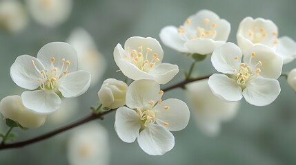 Obraz premium Close up of delicate white flowers blooming on a branch