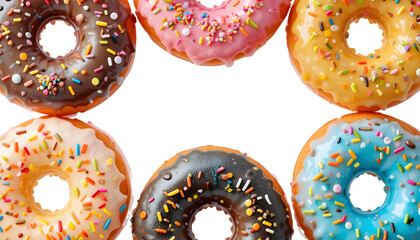 "Freshly baked glazed donuts with colorful sprinkles arranged in an inviting circle, isolated on transparent background with perfect clipping path - ideal for bakery websites, food apps, and dessert p