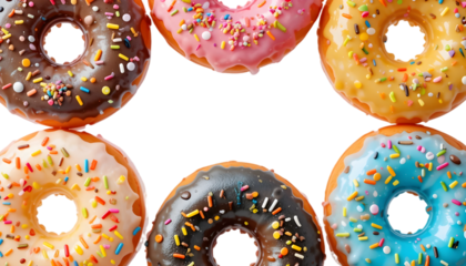 "Freshly baked glazed donuts with colorful sprinkles arranged in an inviting circle, isolated on transparent background with perfect clipping path - ideal for bakery websites, food apps, and dessert p