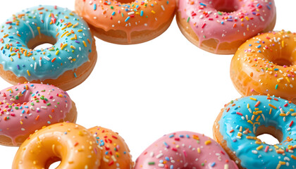 "Freshly baked glazed donuts with colorful sprinkles arranged in an inviting circle, isolated on transparent background with perfect clipping path - ideal for bakery websites, food apps, and dessert p