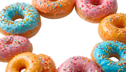 "Freshly baked glazed donuts with colorful sprinkles arranged in an inviting circle, isolated on transparent background with perfect clipping path - ideal for bakery websites, food apps, and dessert p