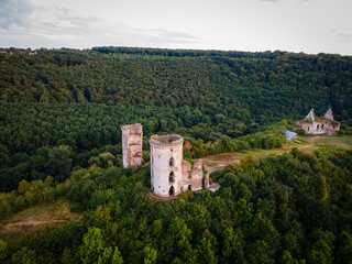 Aerial view of the ruins of the ancient castle Chervonogorod, near the town of Zalishchyky, Ukraine.