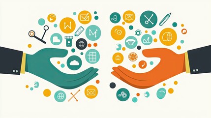 Naklejka premium Hands Sharing Digital Icons, Collaboration, Concept