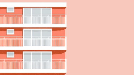 Coral apartment building, balconies, pastel background, minimalist design, real estate