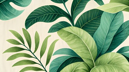 Green plant and leaf pattern, hand-drawn pencil illustration, minimal botanical design, vintage graphic art