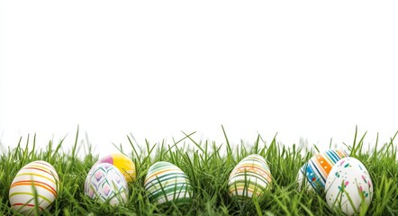 A Happy Easter design template includes a vibrant collection of painted Easter eggs positioned on green grass and a clear background