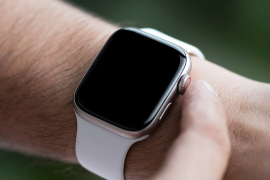 close-up of a hand pressing the side button on a smartwatch with a white silicone strap, modern digital wearable device on male wrist