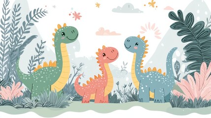 Obraz premium Playful Dinosaurs in a Whimsical Forest Scene with Vibrant Colors