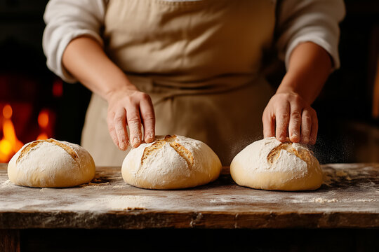 Baker shaping dough loaves on rustic wooden table. Warm kitchen setting with soft lighting and wooden elements. Concept of baking, artisan bread, culinary skills