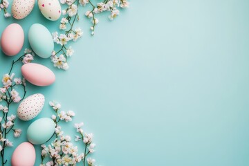 Fototapeta premium A flat lay composition for Easter design, showcasing elegant Easter eggs and spring flowers on a soothing mint background with a top view and copy space
