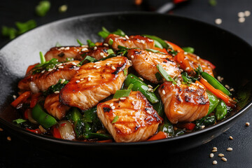 Stir-fried fish fillets with vibrant vegetables in a sizzling Asian-style kitchen
