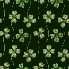 Cotton fabric seamless pattern with hand drawn watercolor clovers. Green ornament with botanical elements. Natural style. Suitable for textiles, wallpapers, prints, packaging, scrapbooking