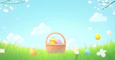 The image on this Easter card is of a little bunny in a basket filled with decorated eggs