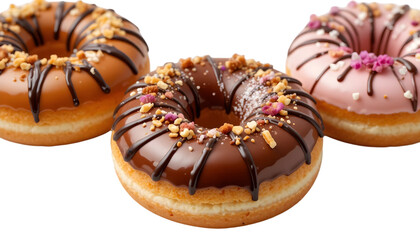 "Assorted gourmet donuts with artistic toppings including chocolate drizzle, crushed nuts and edible flowers, professionally isolated on transparent background with clean edges - perfect for cafe menu