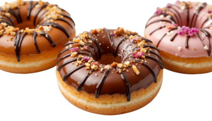 "Assorted gourmet donuts with artistic toppings including chocolate drizzle, crushed nuts and edible flowers, professionally isolated on transparent background with clean edges - perfect for cafe menu