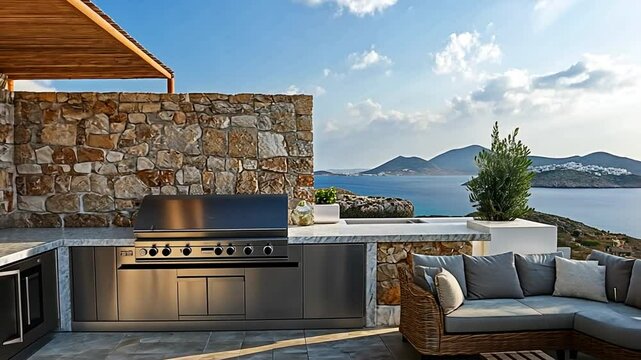 Luxury outdoor kitchen with a sea view, barbecue area and stylish decor elements