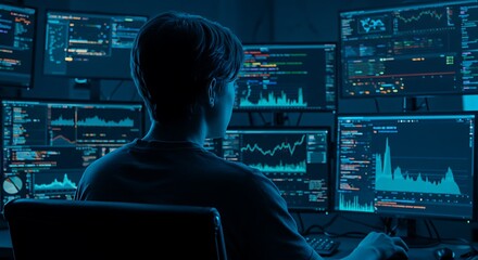 A person working at a computer with several data screens