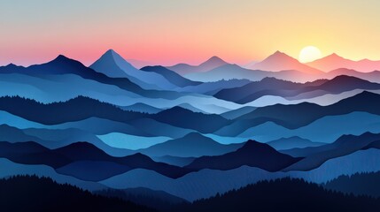 Fototapeta premium Serene sunset over layered blue mountains; a calming landscape illustration ideal for backgrounds, websites or prints.