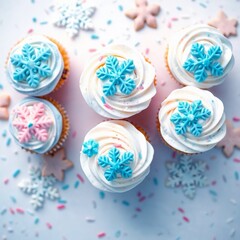 Muffins avec flocon bleus et roses sur de la chantilly