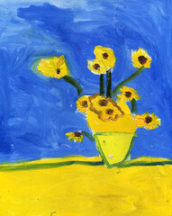 Hand drawn oil painted sunflowers bouquet in vase