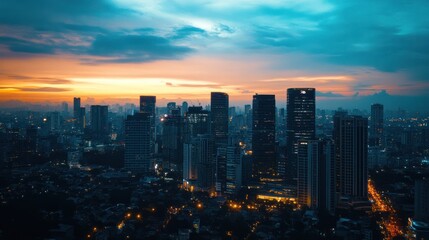 Fototapeta premium City Skyline at Sunset, Aerial View. Possible Use Stock photo for travel brochures, city guides, or real estate marketing