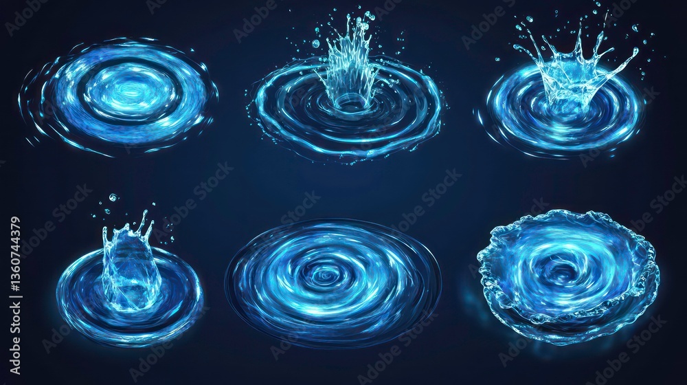 Canvas Prints pure water splashes in a set. liquid drops twirl in a spiral. beautiful aquatic liquid patterns. fre