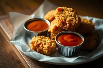 Fried crispy chicken nuggets with ketchup 
