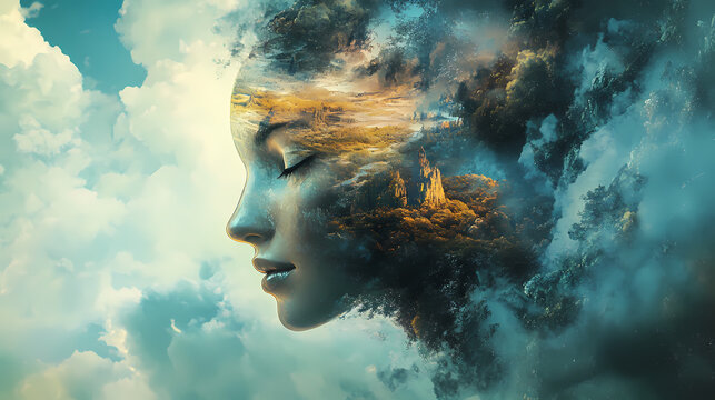 Ethereal fusion a surreal face morphing into a captivating landscape blend. Transcendent Morph. Illustration
