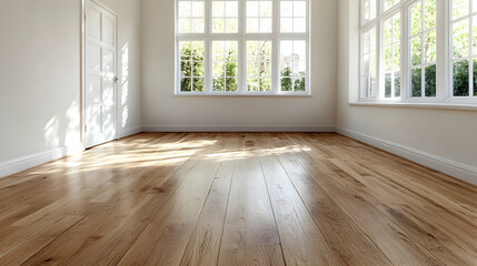 Sunlit Empty Room with Hardwood Floor and Large Windows