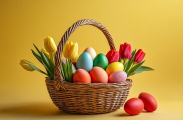 Naklejka premium A festive Easter scene features painted eggs in a basket, placed on a rustic wooden table, offering a decorative idea with copy space