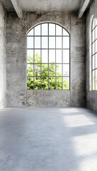 Sunlit industrial loft interior with arched window