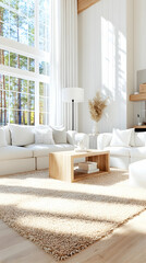 Naklejka premium Sunlit modern living room with large window
