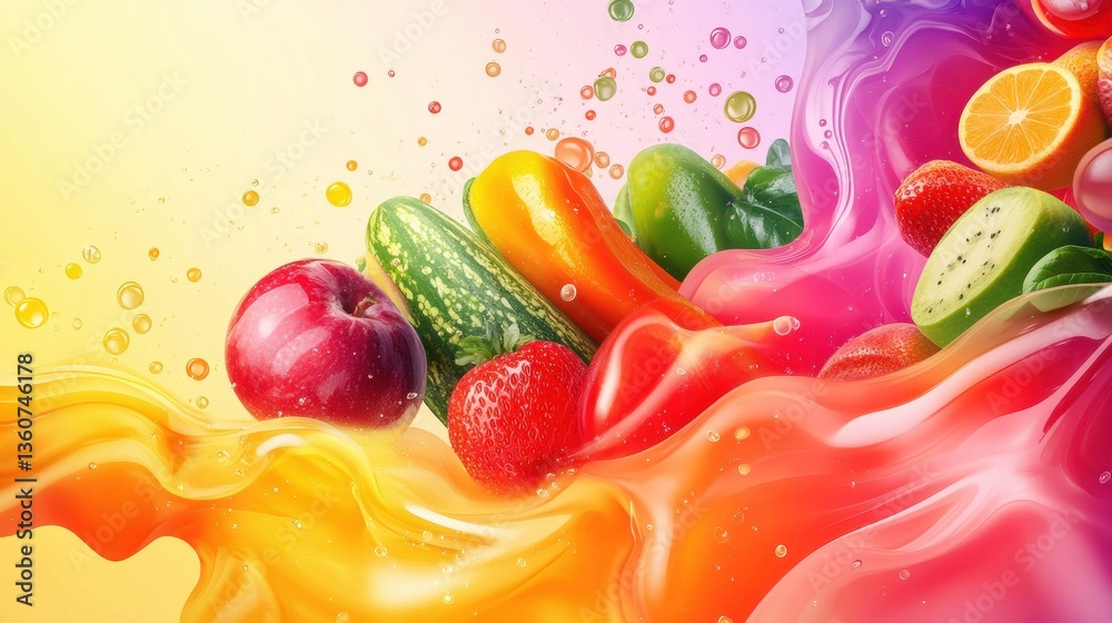 Poster Dynamic flow of fresh groceries with vibrant colors and smooth gradients creating an abstract visual experience Generative AI