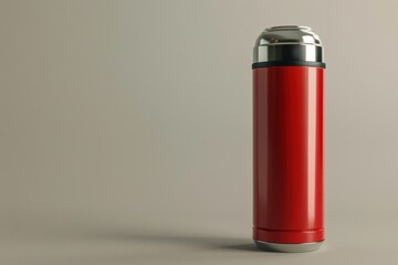 Red stainless steel thermos standing upright on a neutral background