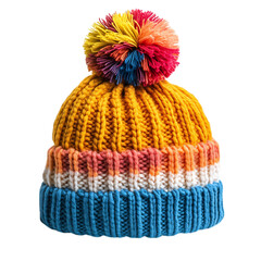 Woolen Knit Beanie with Slouchy Design and Multi-Colored Pom Isolated on Transparent Background