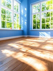 Fototapeta premium Sunlit Room, Hardwood Floor, Large Windows, Green View