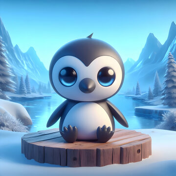 A 3D render of a super cute penguim with big, expressive eyes. The penguim is sitting on a wooden platform. The background is a serene landscape with mountains, trees, ice, snow.