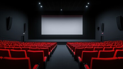 Fototapeta premium Empty Cinema Theater: A Modern Movie House with Rows of Red Seats and a Blank Screen