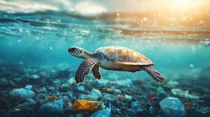 Obraz premium Garbage in deep sea with sea life. Human activities impact and threaten animal’s natural habitat.