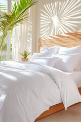 Sunlit white bedding in bright bedroom