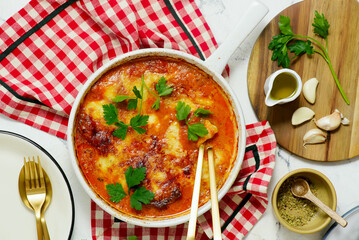 Italian Meat Parmigiana Baked in a Skillet.top veiw