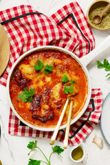 Italian Meat Parmigiana Baked in a Skillet.top veiw
